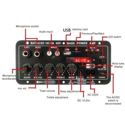 24V/220V カーアンプ モノラルオーディオアンプ 120W パワーデュアルマイクと Bluetooth 付き サブウーファーとカラオケ用