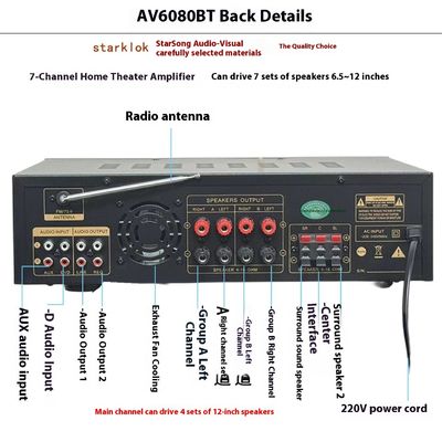 AV-6080BT 1000W 7チャンネル 固定インピーダンス アンプ ホームカー メタルレシーバー USBフラッシュ SDカード BTワイヤレスプレーヤー グローバル